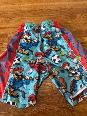 Kids Athletic Shorts with Blue Cartoon Sports Rooster Print